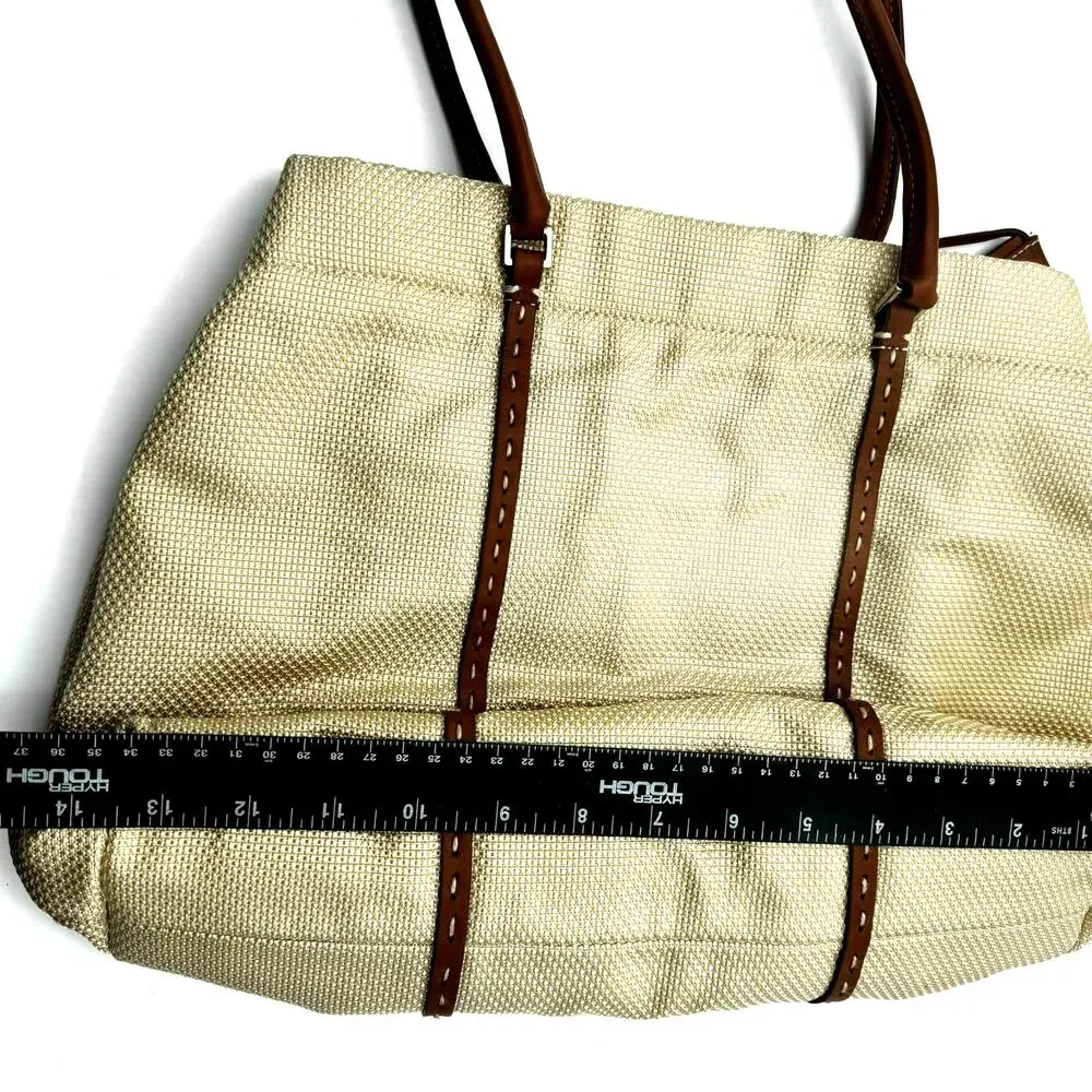 ANTONIO MELANI Tan Brown‎ Canvas Purse Handbag Shoulder Tote Faux Leather Trim